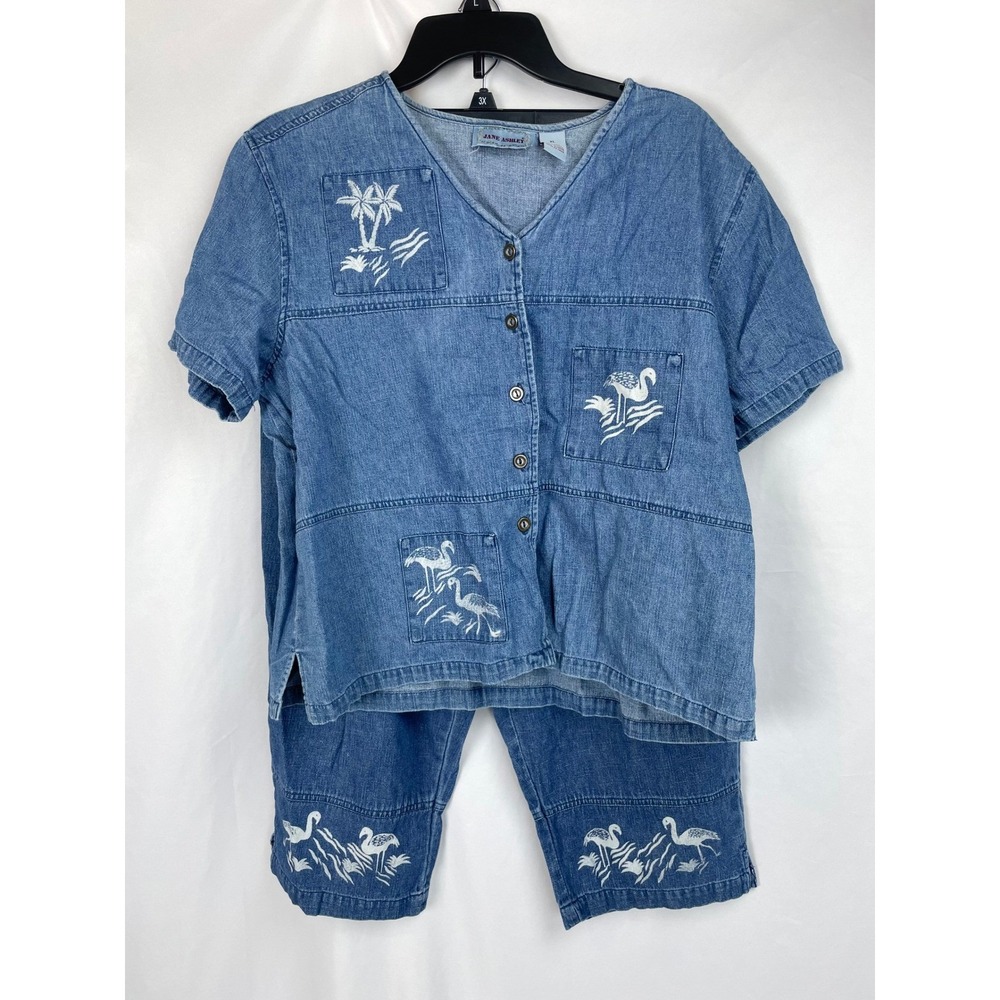 Jane Ashley XL Blue Denim Shirt Capri Pants 2pc Set Hawaiian Flamingo Duck